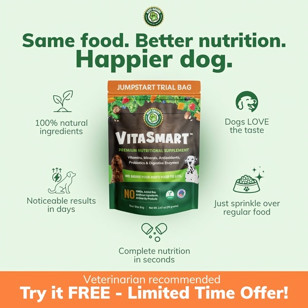 A clean, feature-focused ad creative for a dog supplement that uses benefit-driven icons to explain value proposition instantly.